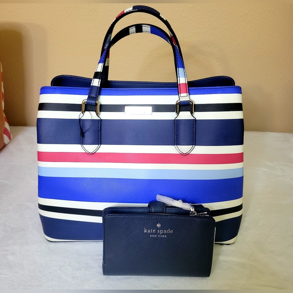 #30. Kate Spade Blue and Red Striped Satchel $ Wallet